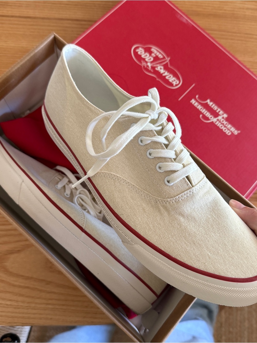 Todd Snyder Men’s Canvas Low-Top Sneakers in Cream with Red Trim